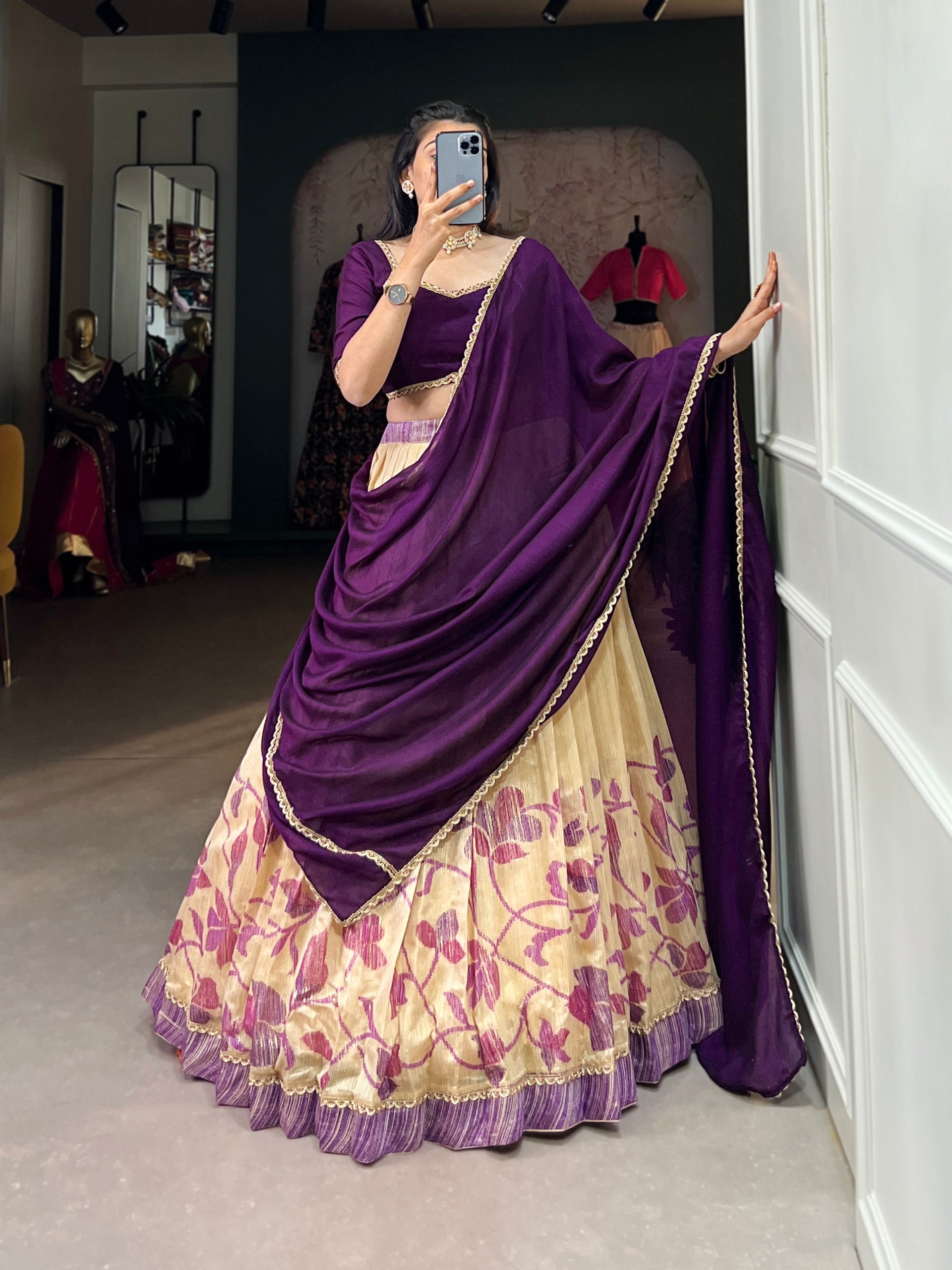 Vichatra Silk Lehenga Choli | Printed with Lace Touch Up