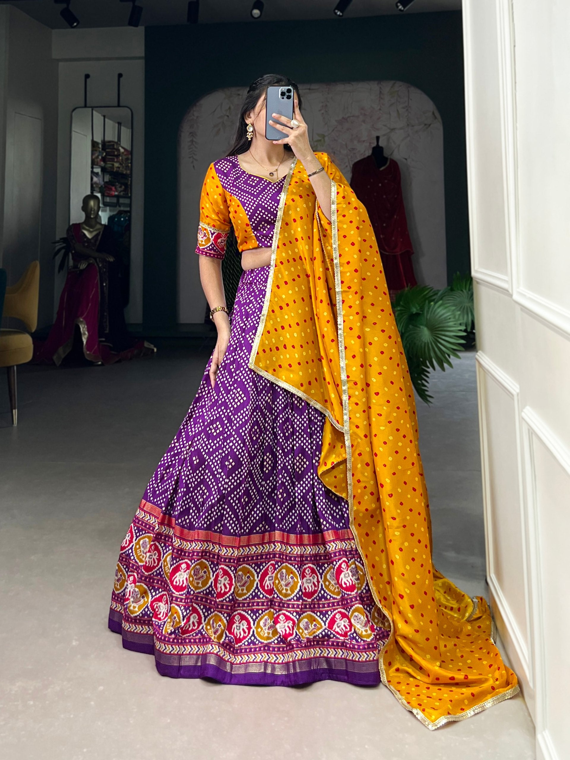 Tussar Silk Lehenga Work : Bandhej And Patola Print With Foil Work