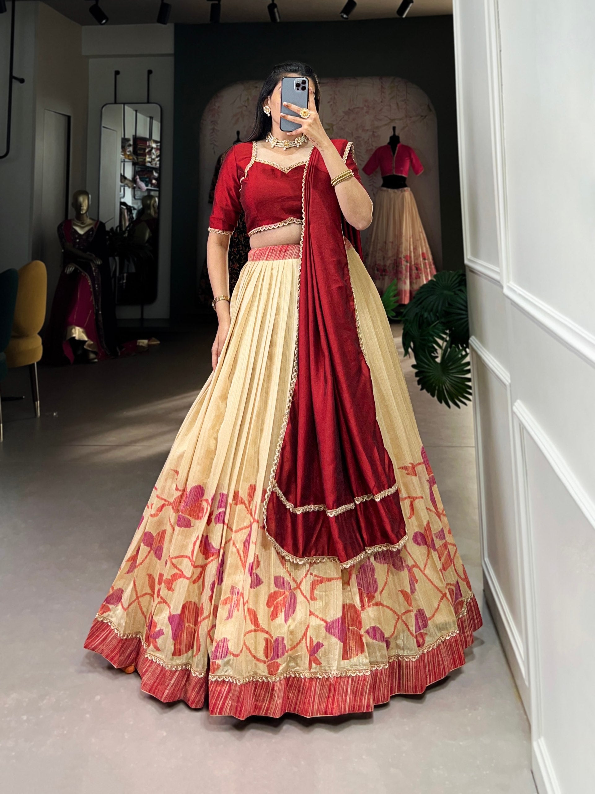 Vichatra Silk Lehenga Choli | Printed with Lace Touch Up