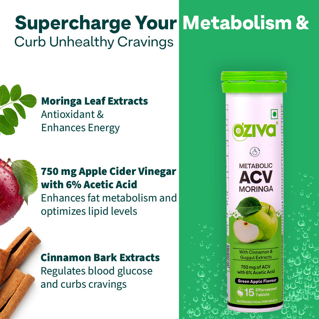 Oziva ACV Moringa | Control Cravings | Apple Cider Vinegar, Cinnamon, Guggul | No Maltodextrin & No Added Sugar - Green apple, Pack of 8 (120 Tablets)