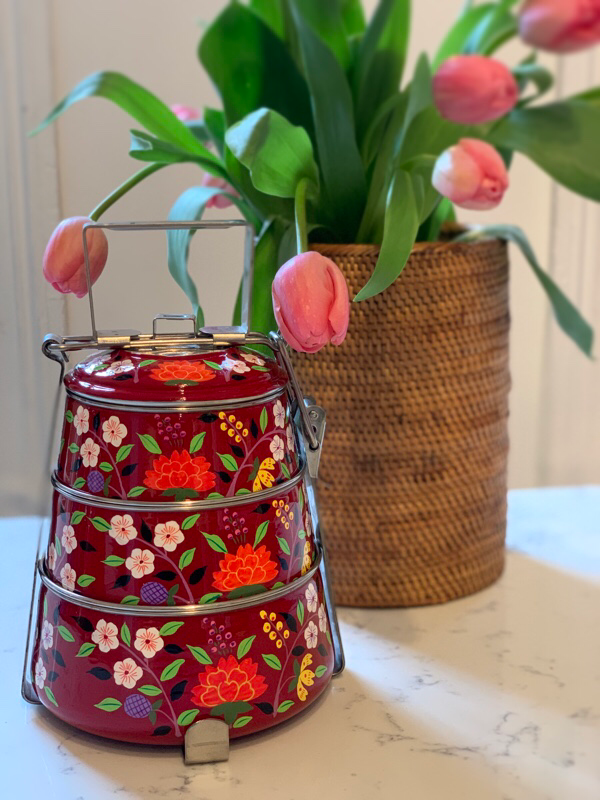 Hand Painted 3 Tier Steel Pyramid Lunch Box- Cherry Red Kashmiri Art