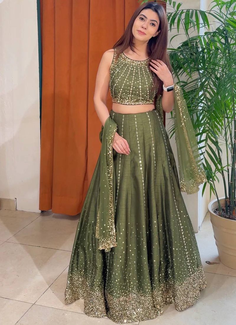 Thai Silk Sequin Work Lehenga Choli in Radiant Green | Ready To Wear