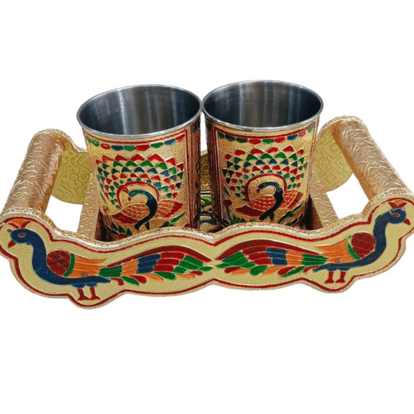 Meenakari Peacock Design Open Traditional Serving Tray with two Glass - India shopping