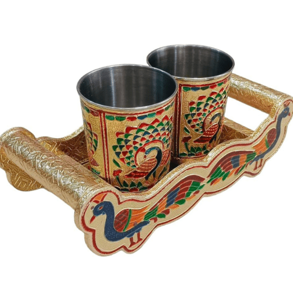 Meenakari Peacock Design Open Traditional Serving Tray with two Glass - India shopping