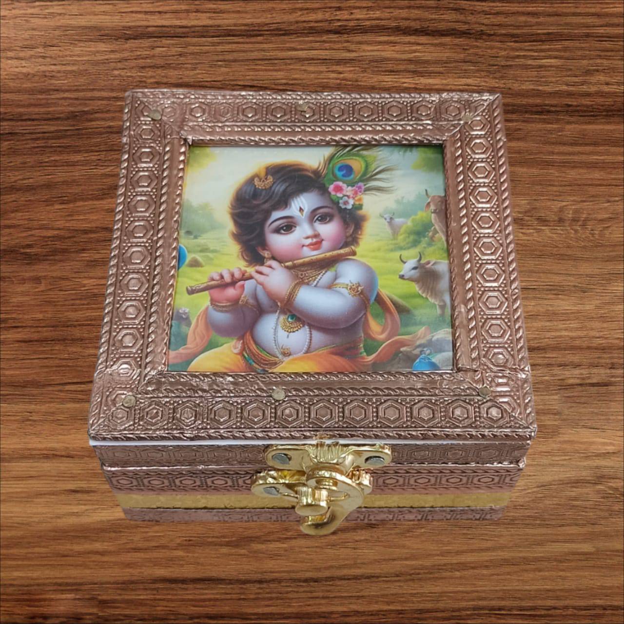 Wooden Copper Oxidised pichwai Print Jewellery Box | Set Of 2 - India shopping