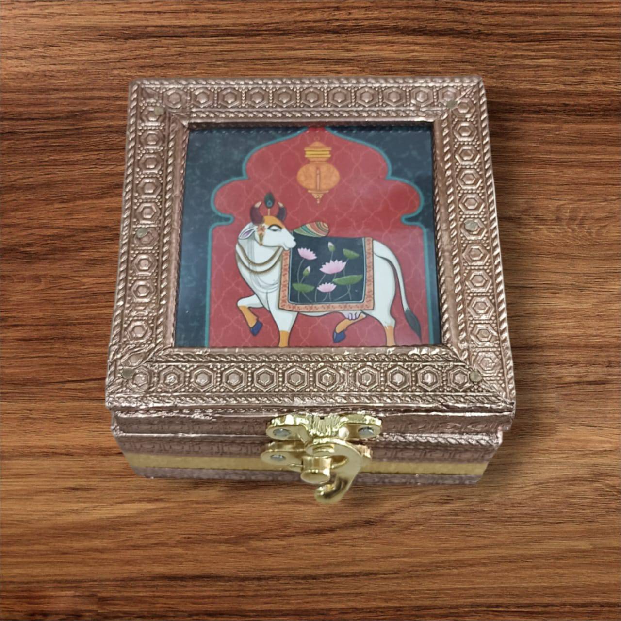 Wooden Copper Oxidised pichwai Print Jewellery Box | Set Of 2 - India shopping