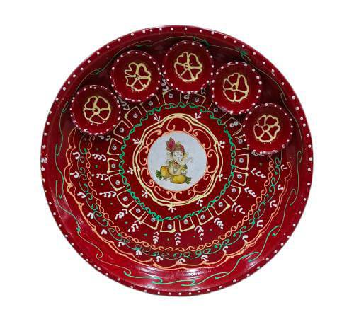 Decorative Red Cone Work Steel Ganesha Hand Painted Pooja Aarti Thali - India shopping