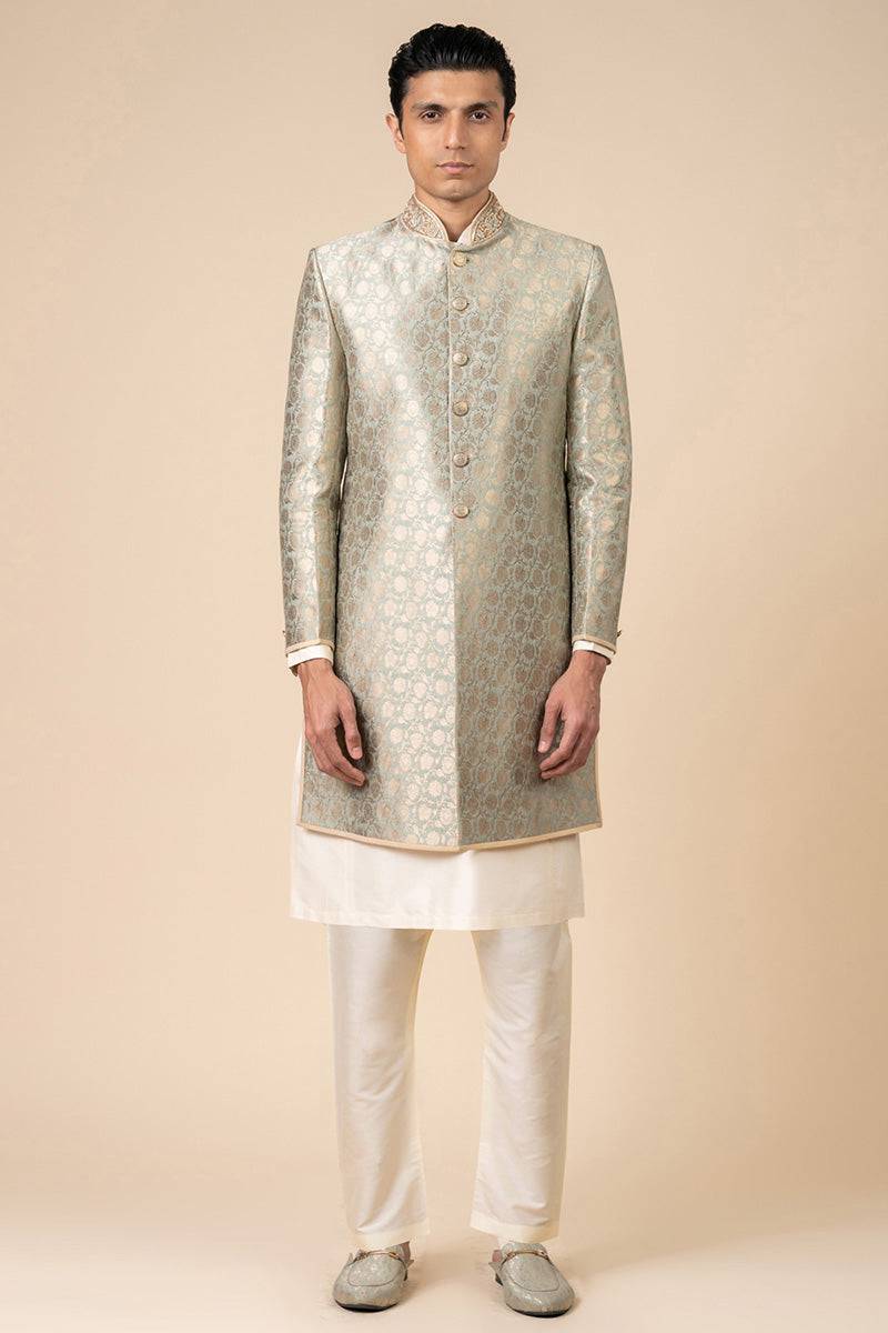 Tasva Aqua Brocade Achkan With Embroidered Collar - India shopping