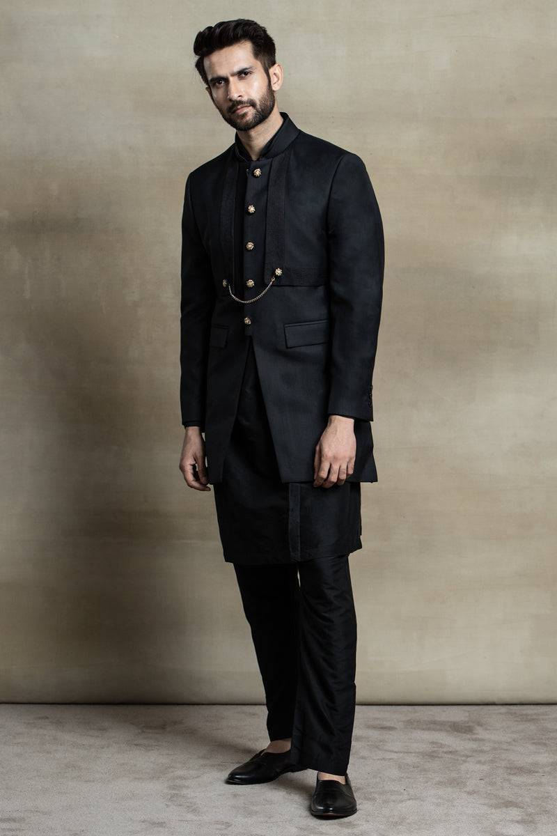 Tasva Black Layered Jacket Paired with Kurta and Aligarhi - India shopping