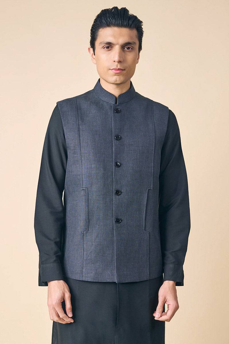 Tasva Black Linen Bundi - India shopping