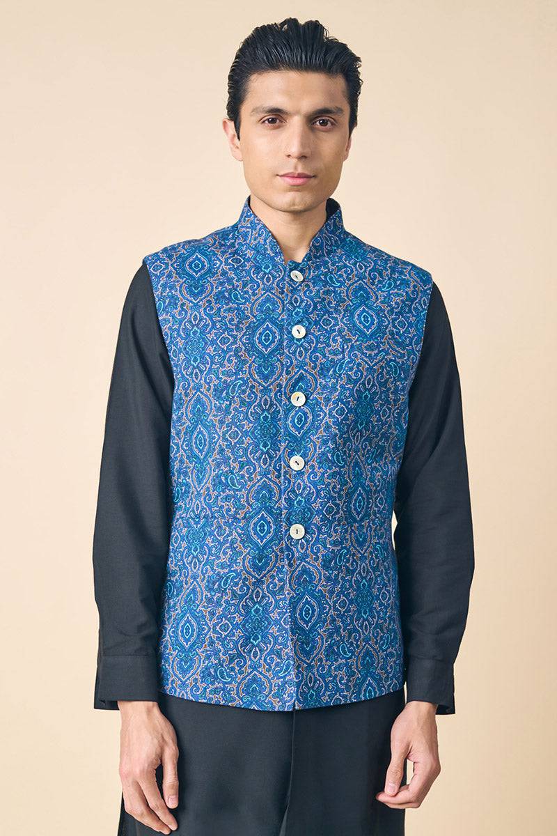 Tasva Blue Printed Bundi - India shopping