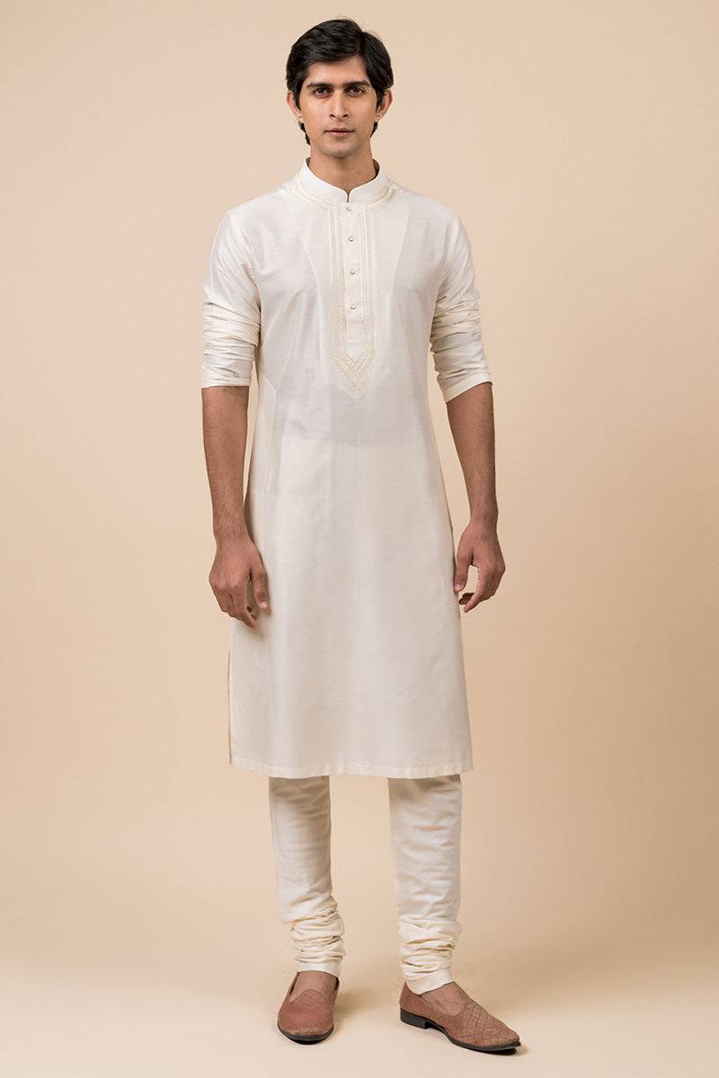 Tasva Ivory Kurta Set With Embroidered Collar And Placket - India shopping