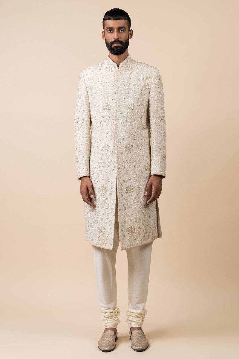 Tasva Ivory Sherwani In Floral Embroidery - India shopping