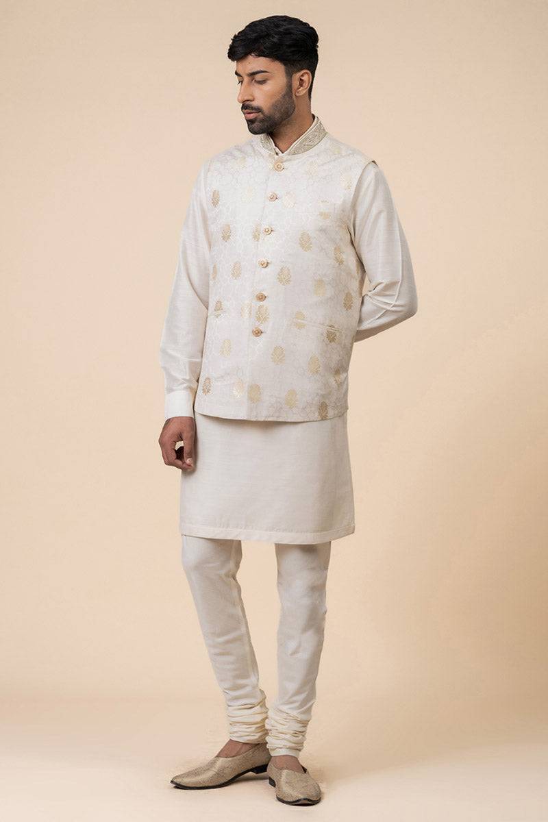 Tasva Ivory Silk Brocade Kurta Bundi Set - India shopping