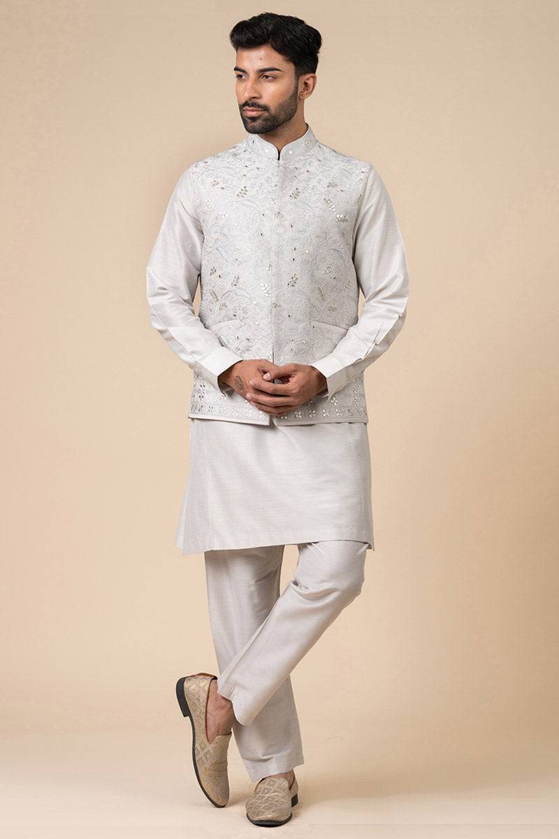 Tasva Light Grey Threadwork Kurta Bundi Set - India shopping