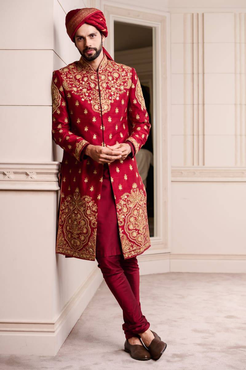 Tasva Maroon all over Embroidered Sherwani - India shopping