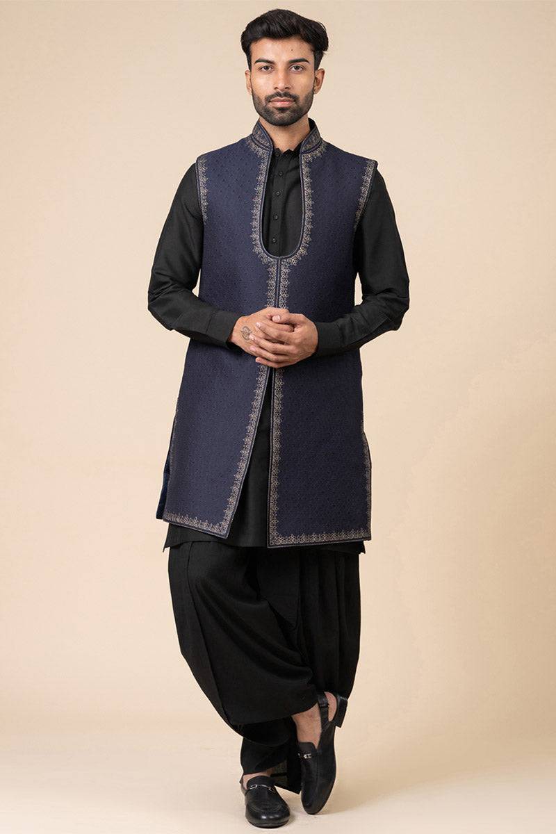 Tasva Navy Zari Quilted Sleeveless Sherwani - India shopping