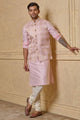 Tasva Pink Geometrical Brocade Kurta Bundi Set