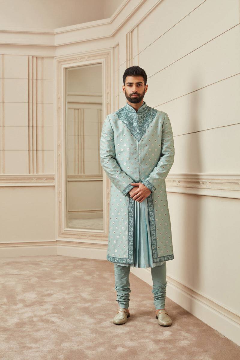 Tasva Sea Green Brocade Sherwani - India shopping