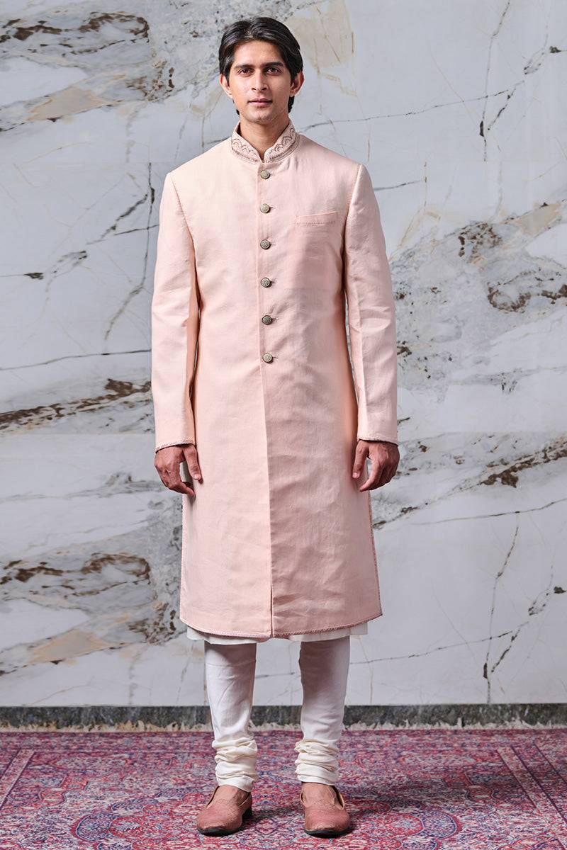 Tasva Sherwani In Linen With Resham And Dabka Embroidery - India shopping