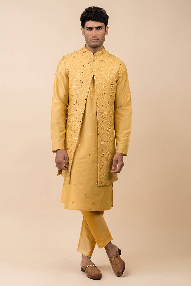 Tasva Yellow Open Front Kurta Bundi Set - India shopping