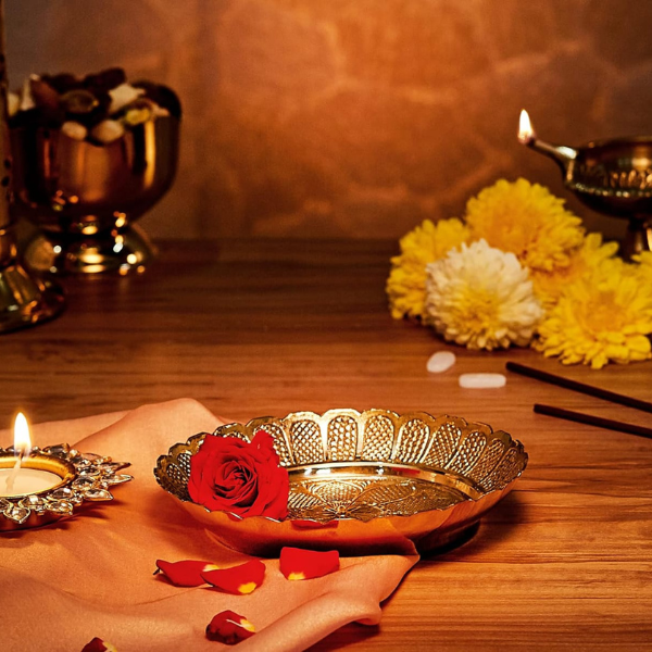 Handmade Brass Puja Thali with Flower Embossed Design