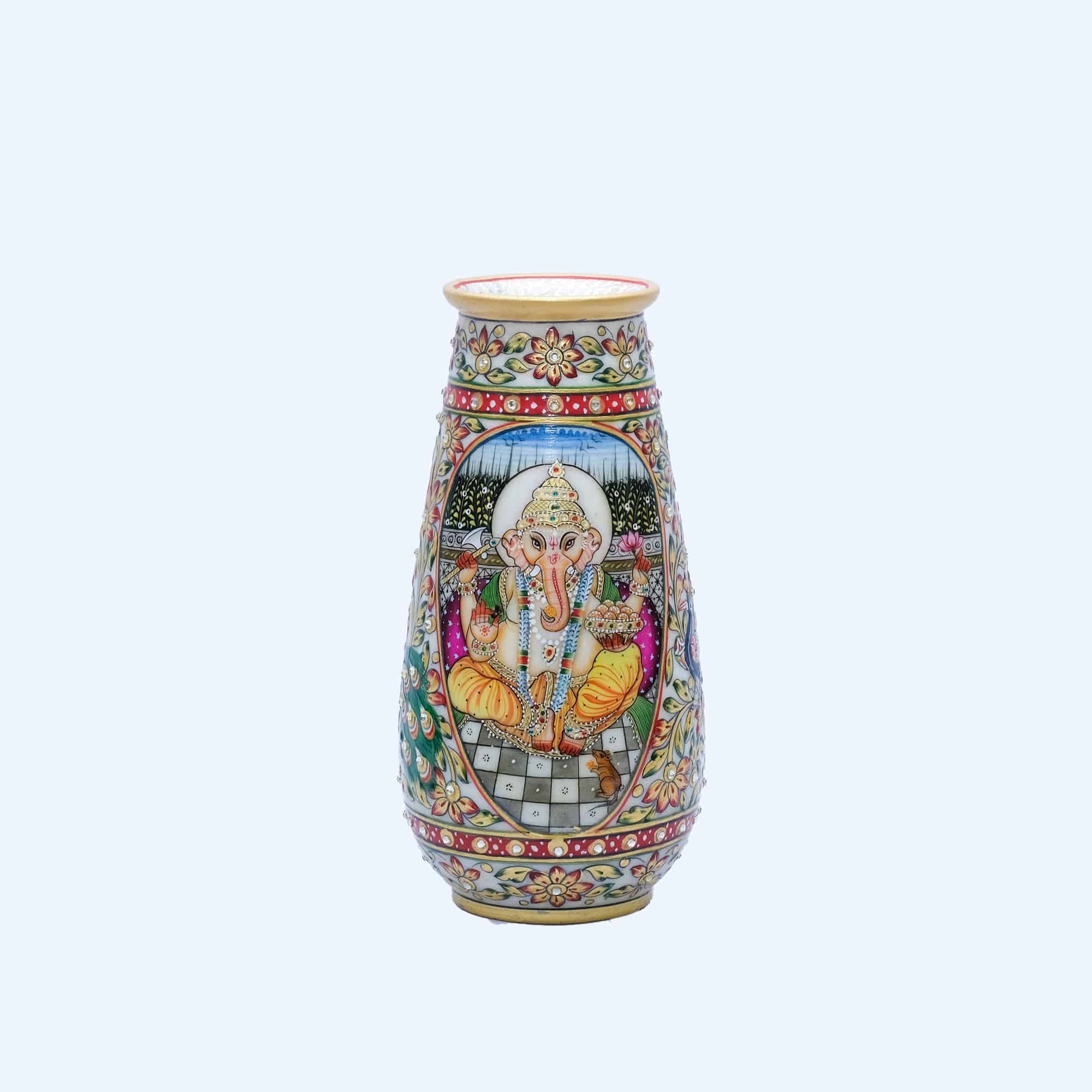 Marble Round Shaped Handpainted Minakari Chinese Pot - 10 x 4 x 4 inches - India shopping