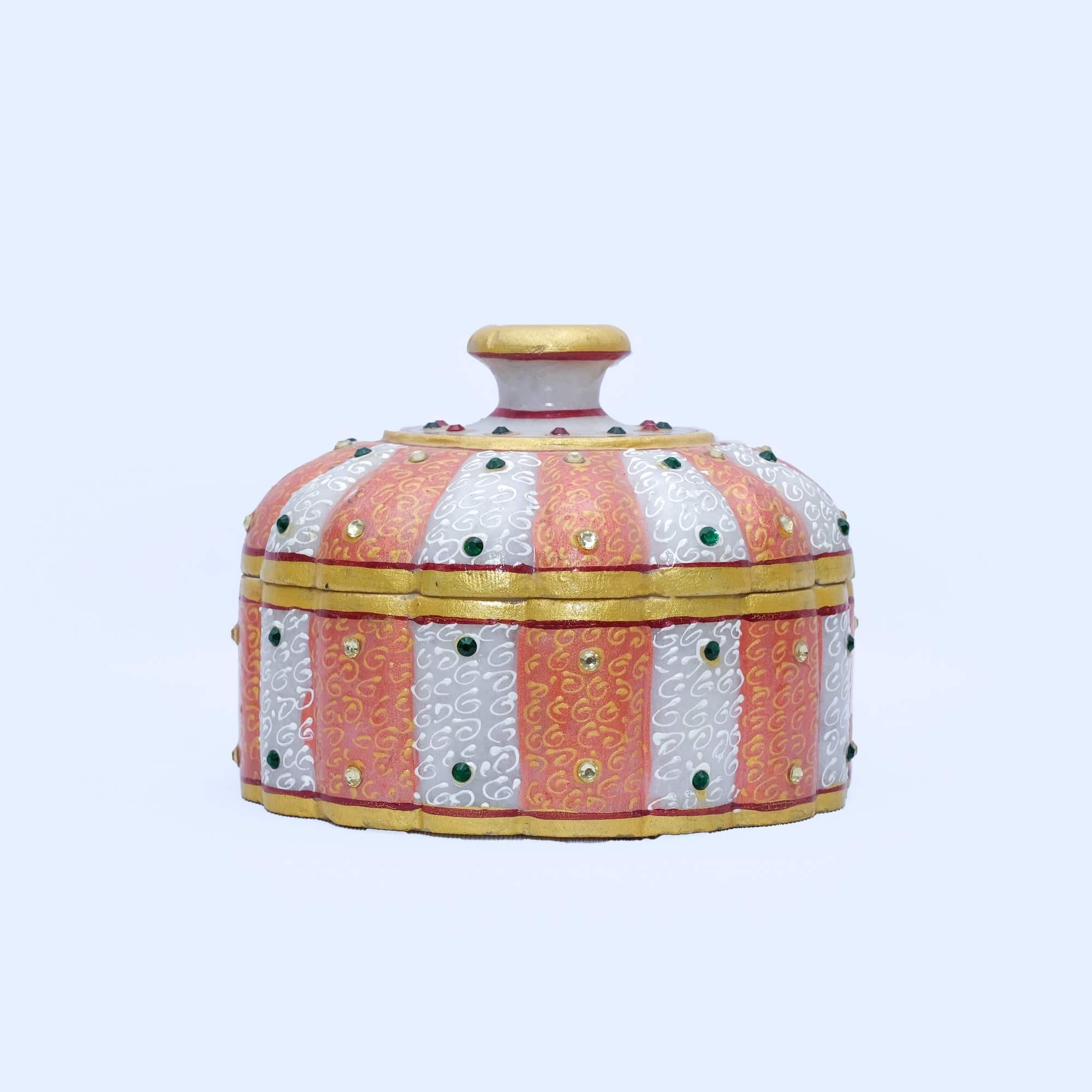 Marble Round Shaped Minakari Handpainted Bowl/Container - 4 x 5 x 5 inches - India shopping