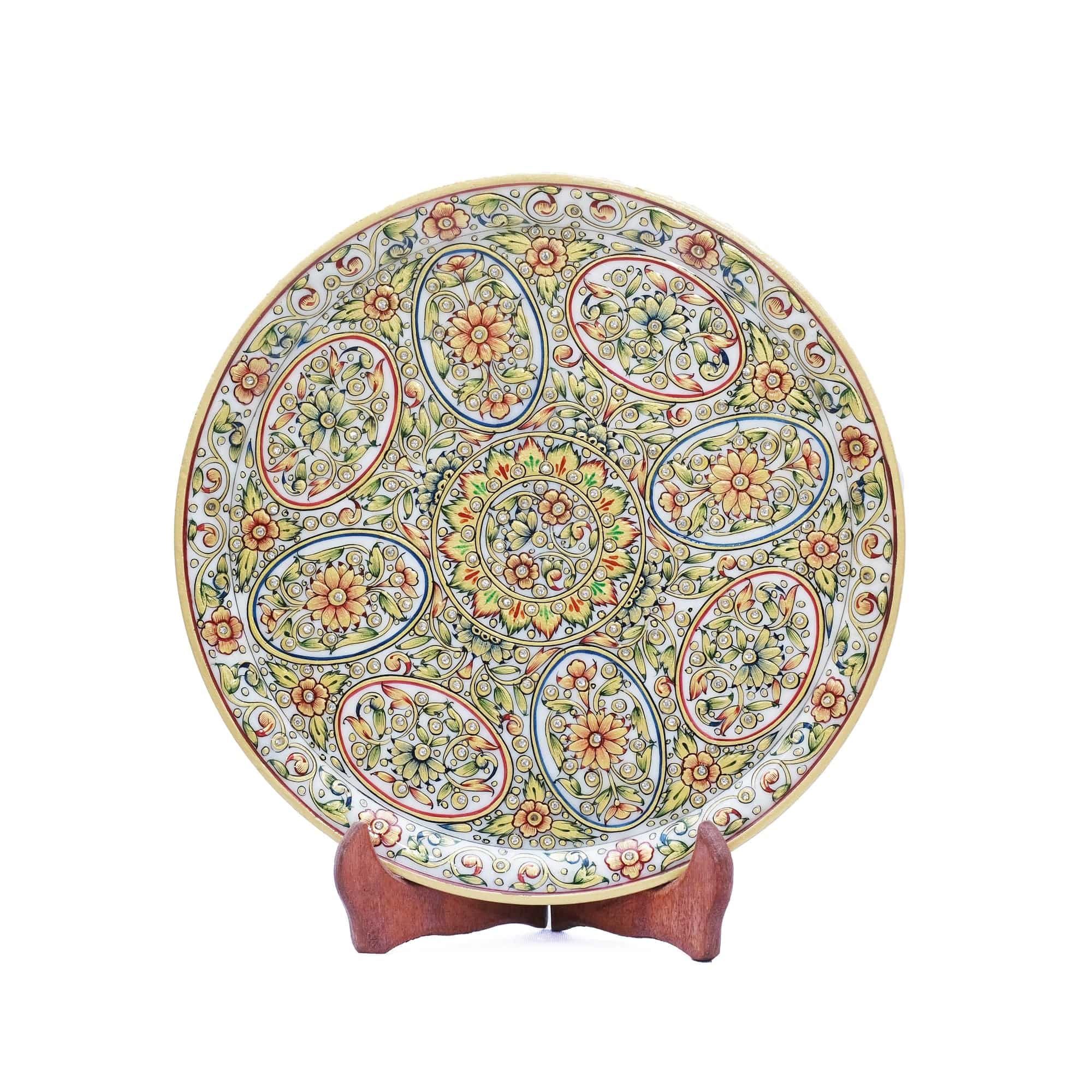 Marble Display Plate with Stand | Round Shaped Minakari Handpainted Display Plate - 2 x 12 x 12 inches - India shopping