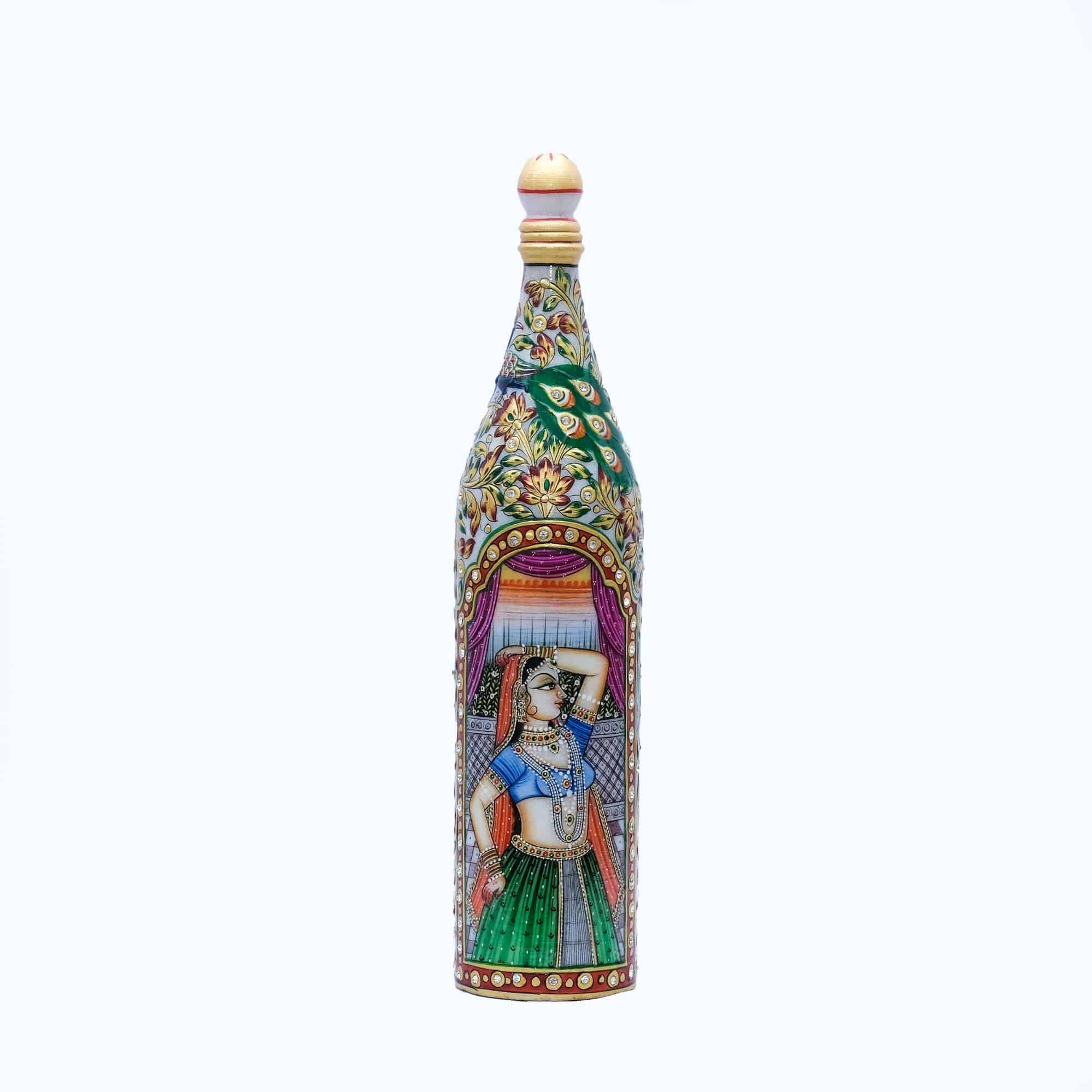 Marble Round Shaped Minakari Handpainted Bottle - 14 x 3 x 3 inches - India shopping