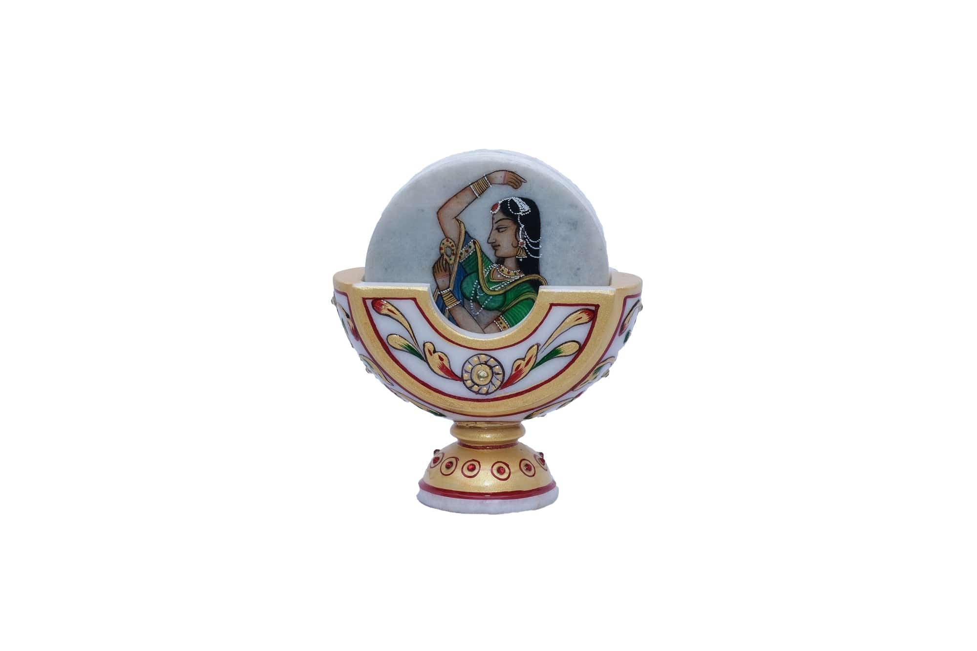 Handpainted Minakari Marble Coaster Set (Round Shape) - 5 x 2 x 4inches - India shopping