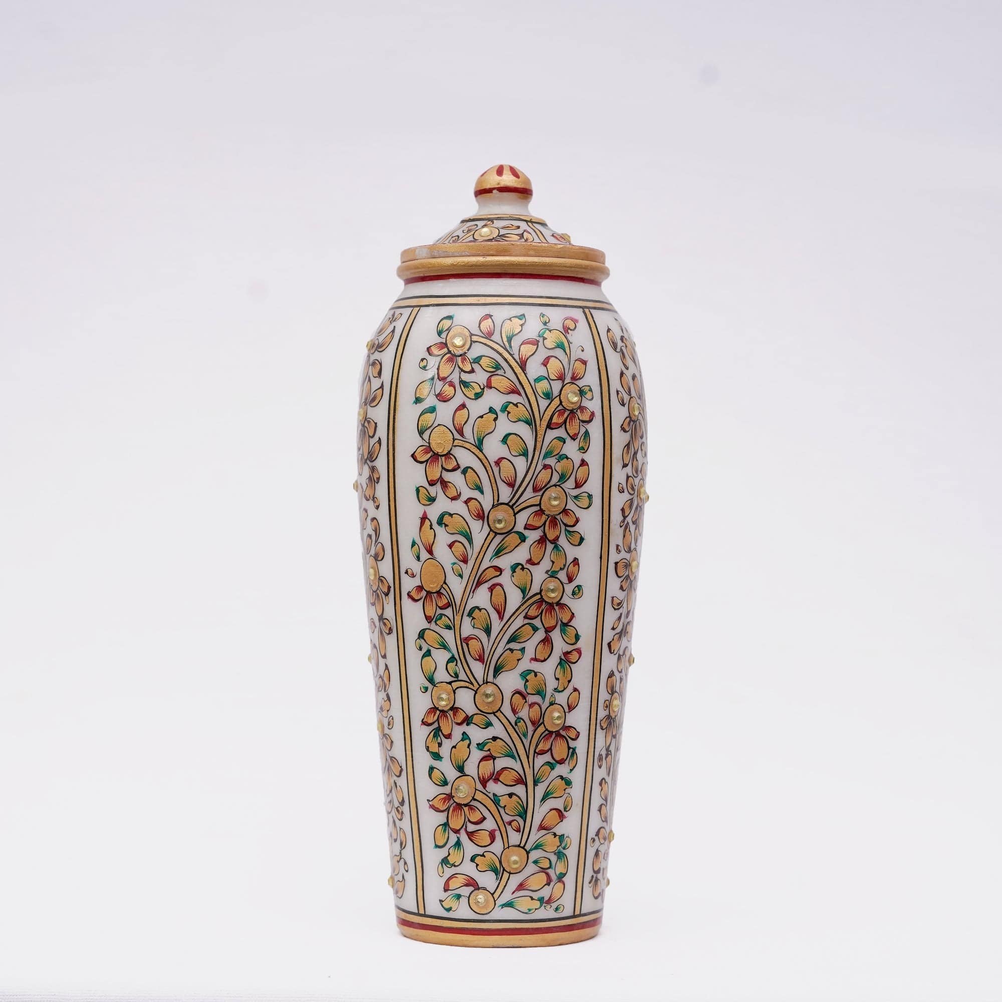 Round Shaped Minakari Handpainted Marble Vase with Lid - 9 x 4 x 4 Inch - India shopping