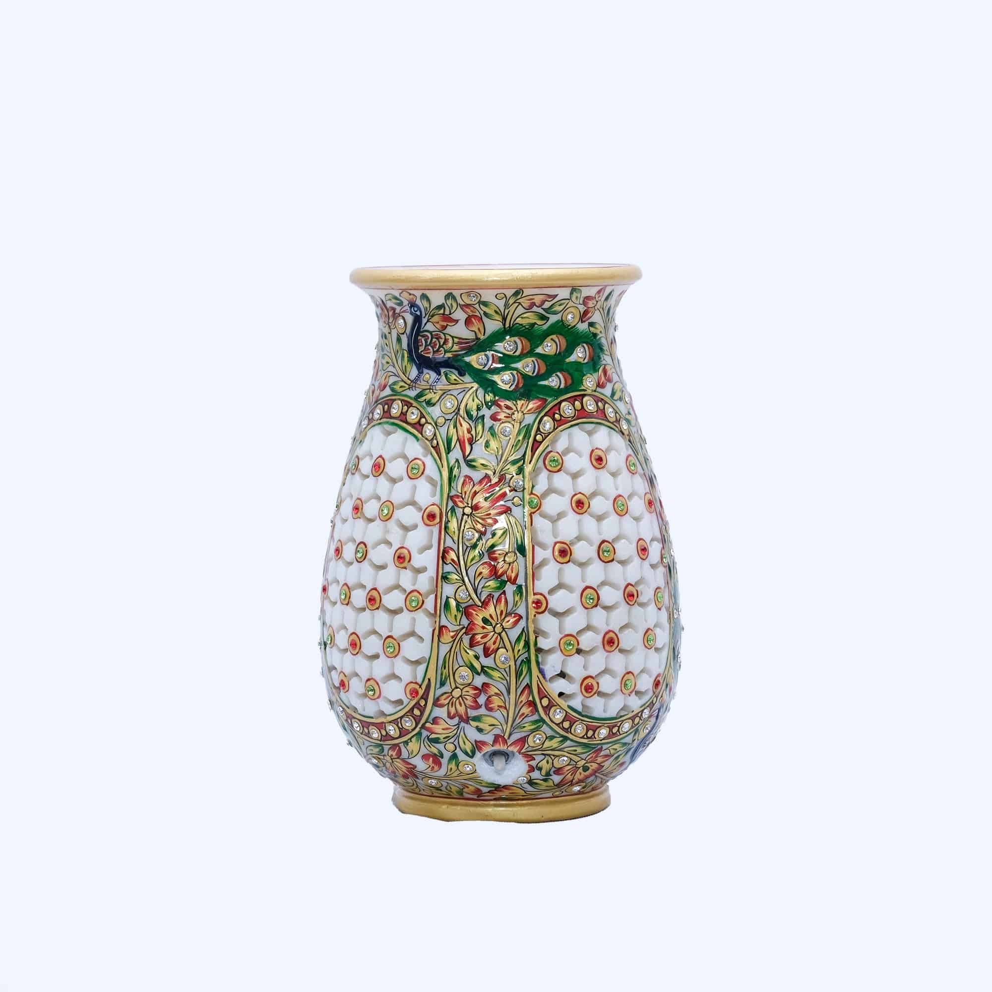 Marble Lotta Lamp | Round Shaped Handpainted Minakari Lotta Lamp with Jali work - 8 x 4 x 4 inches - India shopping