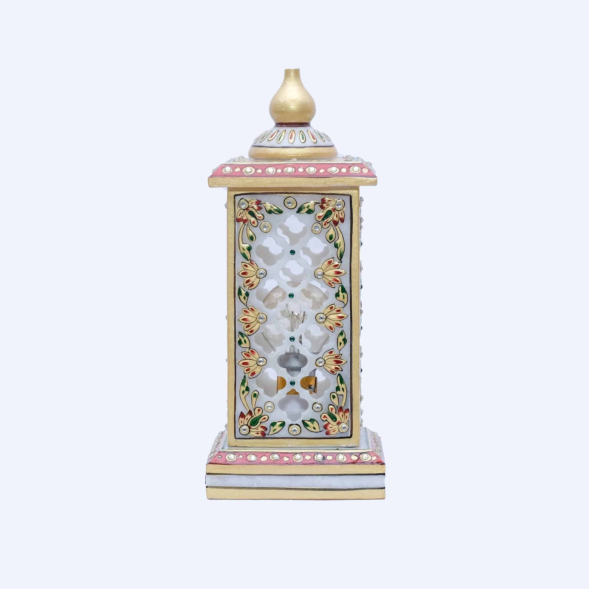 Marble Rectangular Handpainted Minakari Lamp with Jali work - 10 x 4 x 4 inches - India shopping