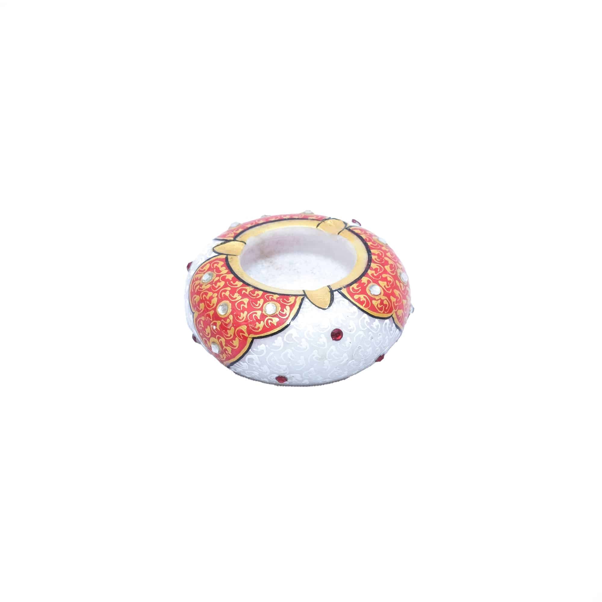 Marble Circular Ash Tray Handpainted With Kundan Stones - 1 x 3 x 3 inches - India shopping