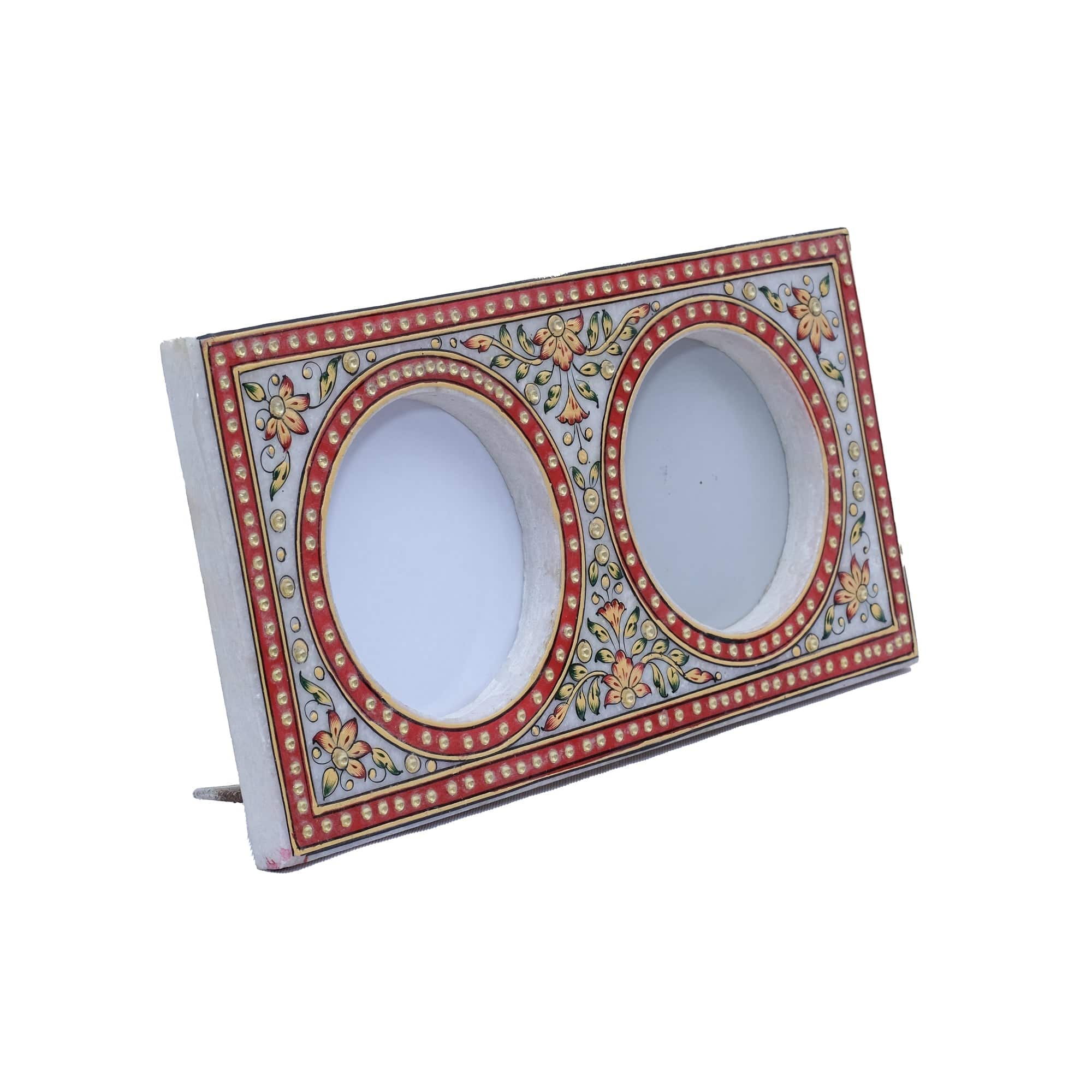 Colourful Handpainted Flower Design Marble Photo Frame With 2 slots for pictures - 6 x 12 x 3 inches - India shopping