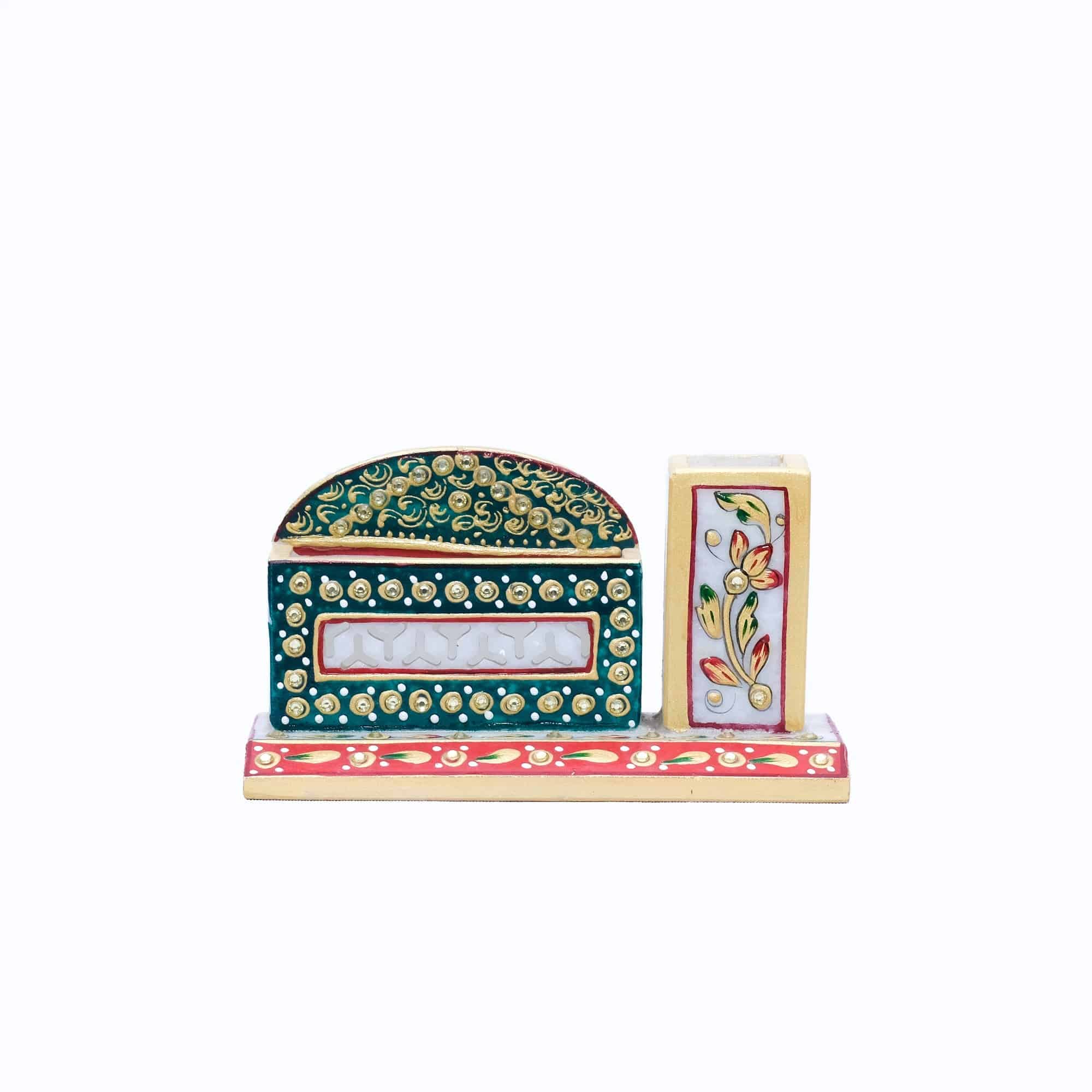 Marble 2 Sectioned Minakari Handpainted Card Holder/Pen Stand - 4 x 6 x 3 inches - India shopping