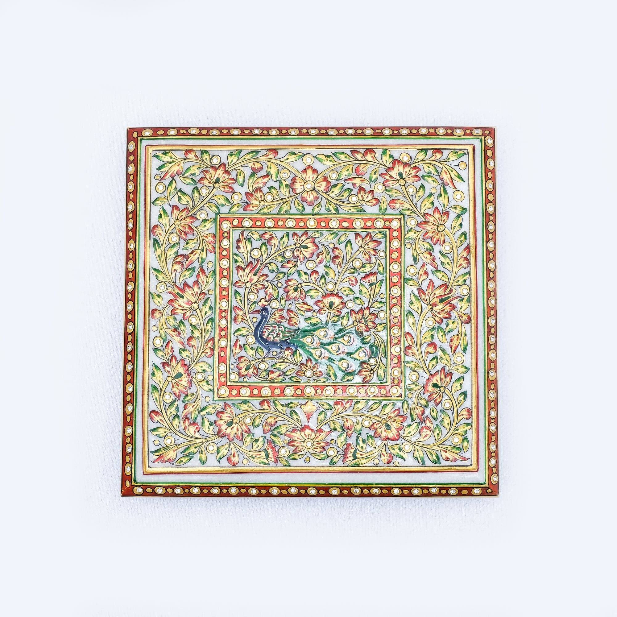 Marble Chowki Square Shaped Minakari Handpainted Chowki With Kundan Work - 2 x 9 x 9 inches - India shopping