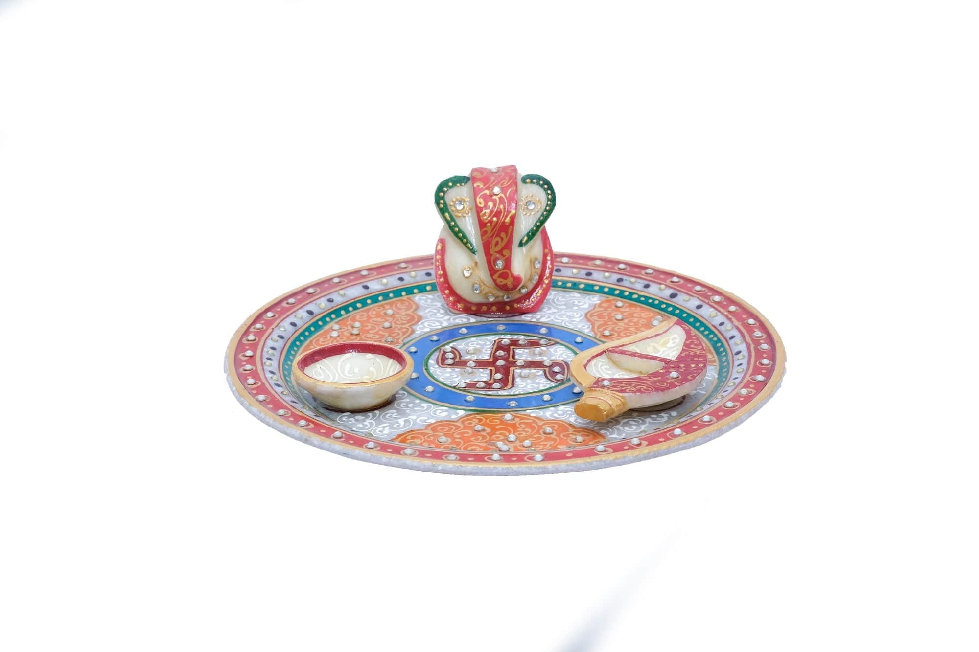 Marble Pooja Thali With Ghanesh, Dia & Kalash For Home - 3 x 9 x 9inches - India shopping