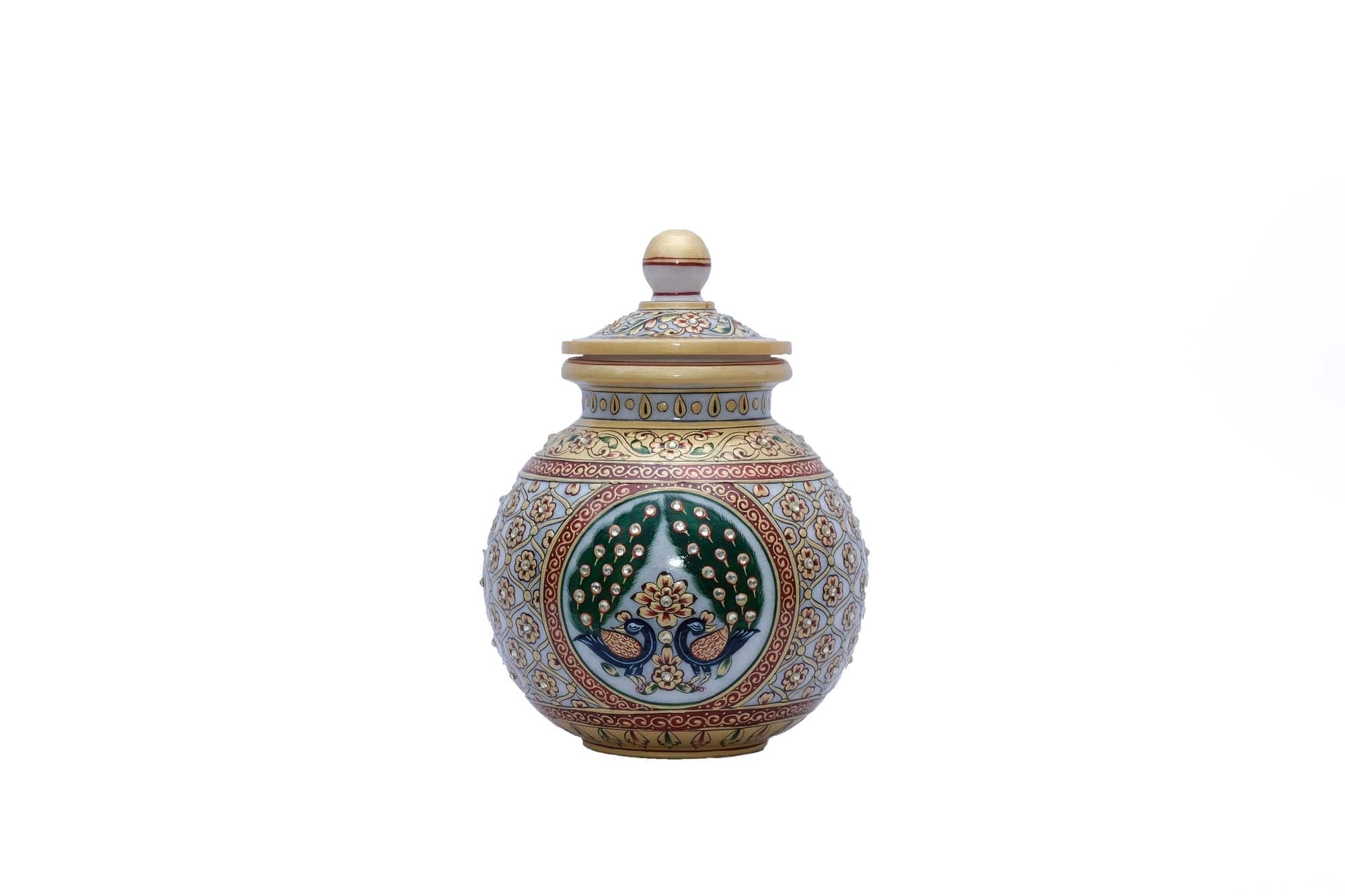 Marble Matka With Peacock Design - 9 x 7 x 7 - India shopping