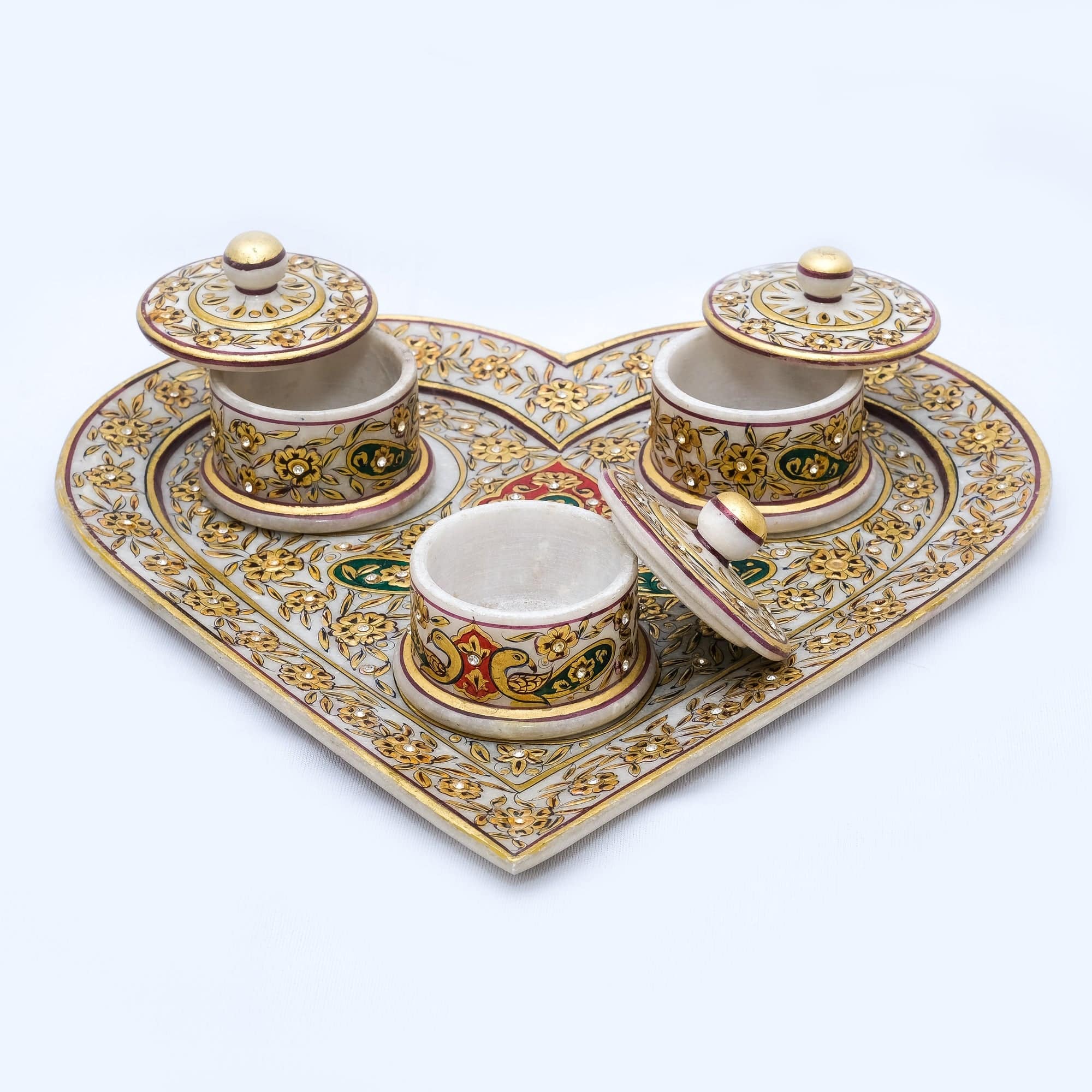 Heart-shaped Marble Tray Set with 3 Round Boxes Minakari Handpainted Tray - 3 x 12 x 12 inches - India shopping