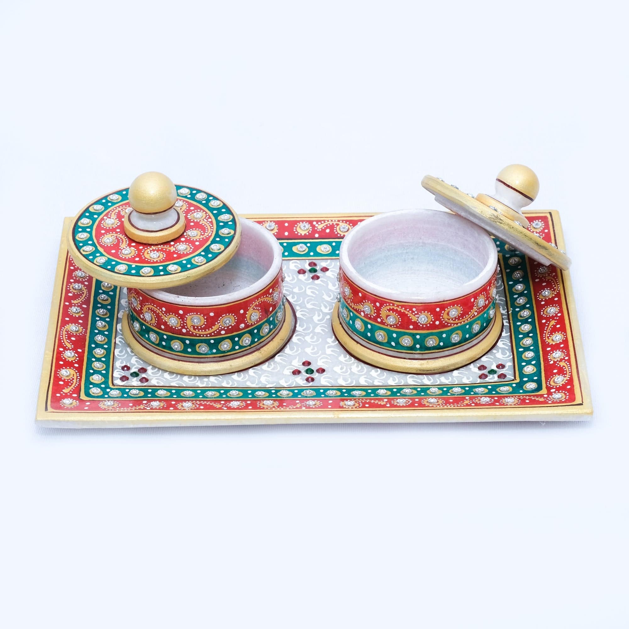 Marble Tray Set with 2 Round Boxes Rectangle Shaped Minakari Handpainted Tray Set with 2 Round Boxes - 3 x 6 x 2 inches - India shopping