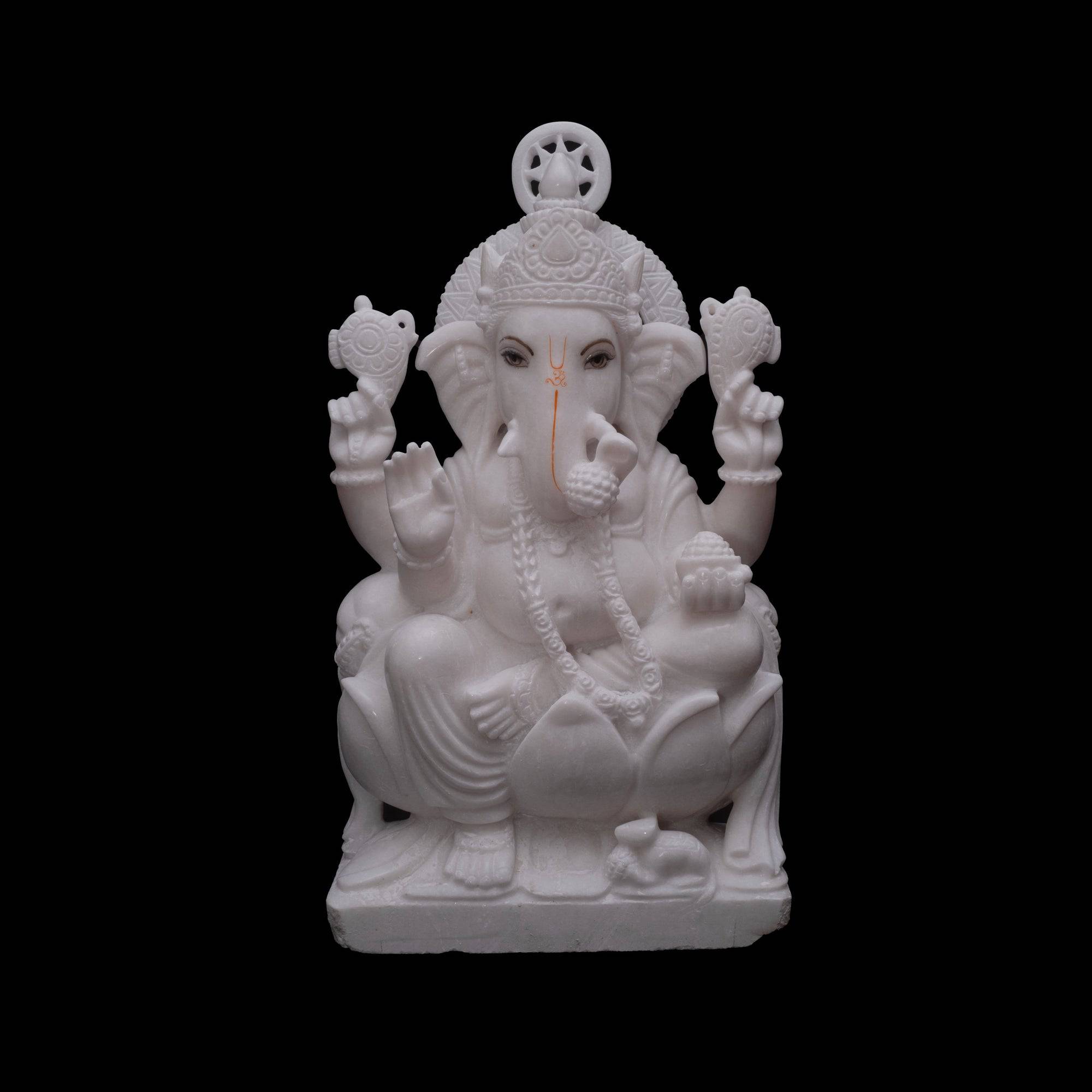 White Marble Ghanesh Ji on Lotus - 33 x 18 x 8 inches - India shopping