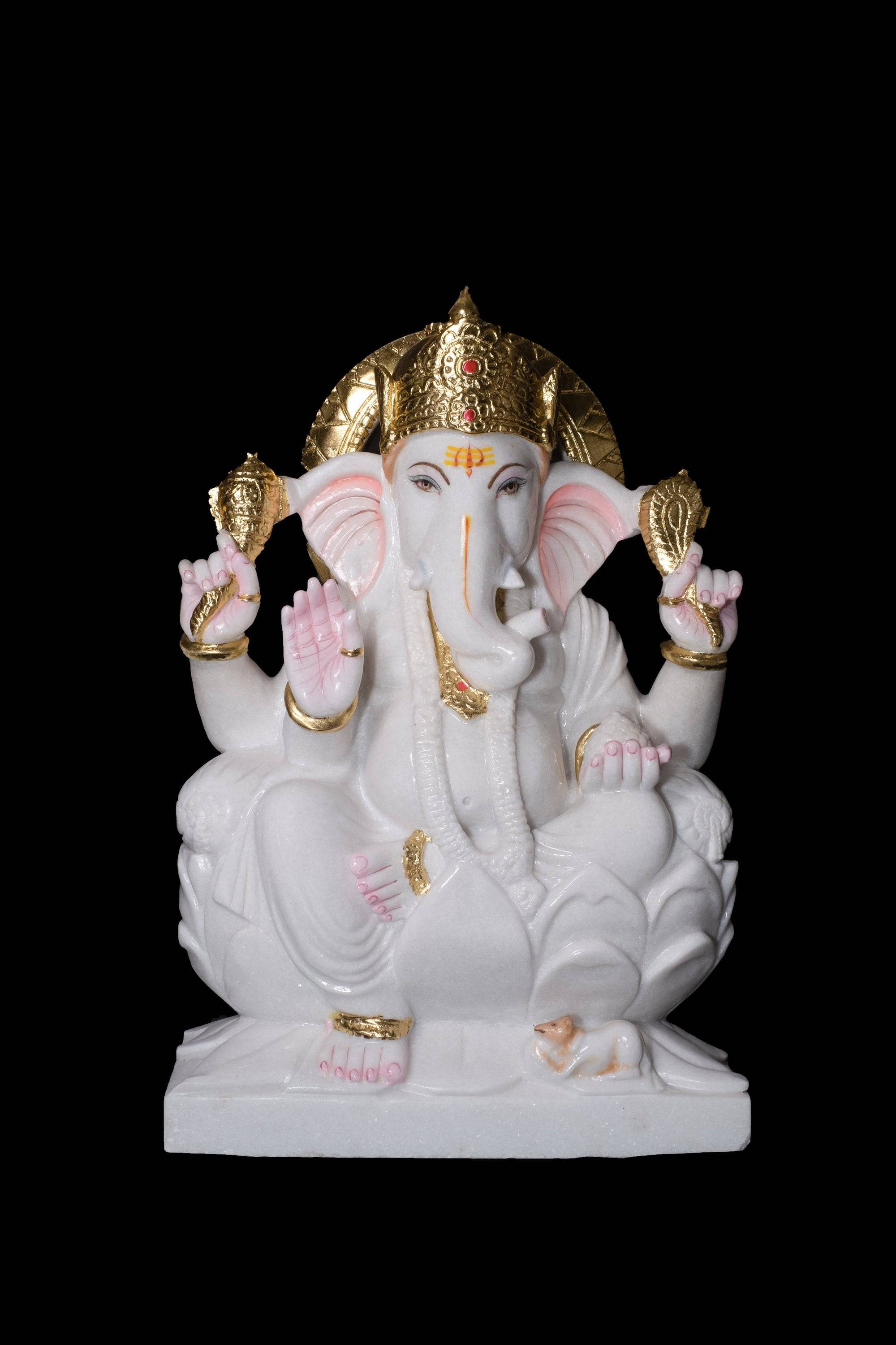 Vietnam Marble Ganesh Ji Statue Sitting On Lotus For Temple Pooja - 30 x 20 x 8inches - India shopping