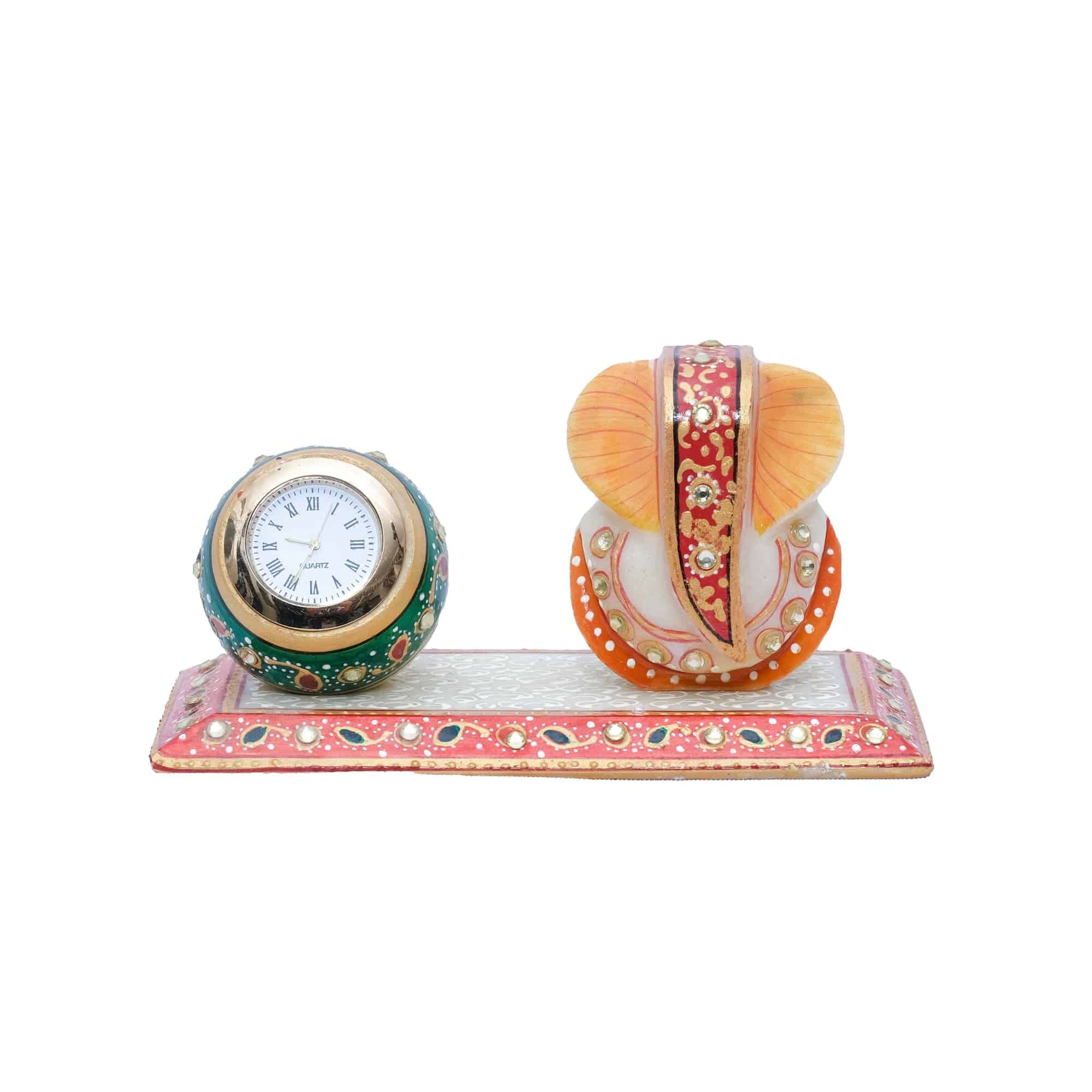 Marble Clock Round Shape with Ghanesh Ji Statue in Red Color - 4 x 5 x 5 inches - India shopping