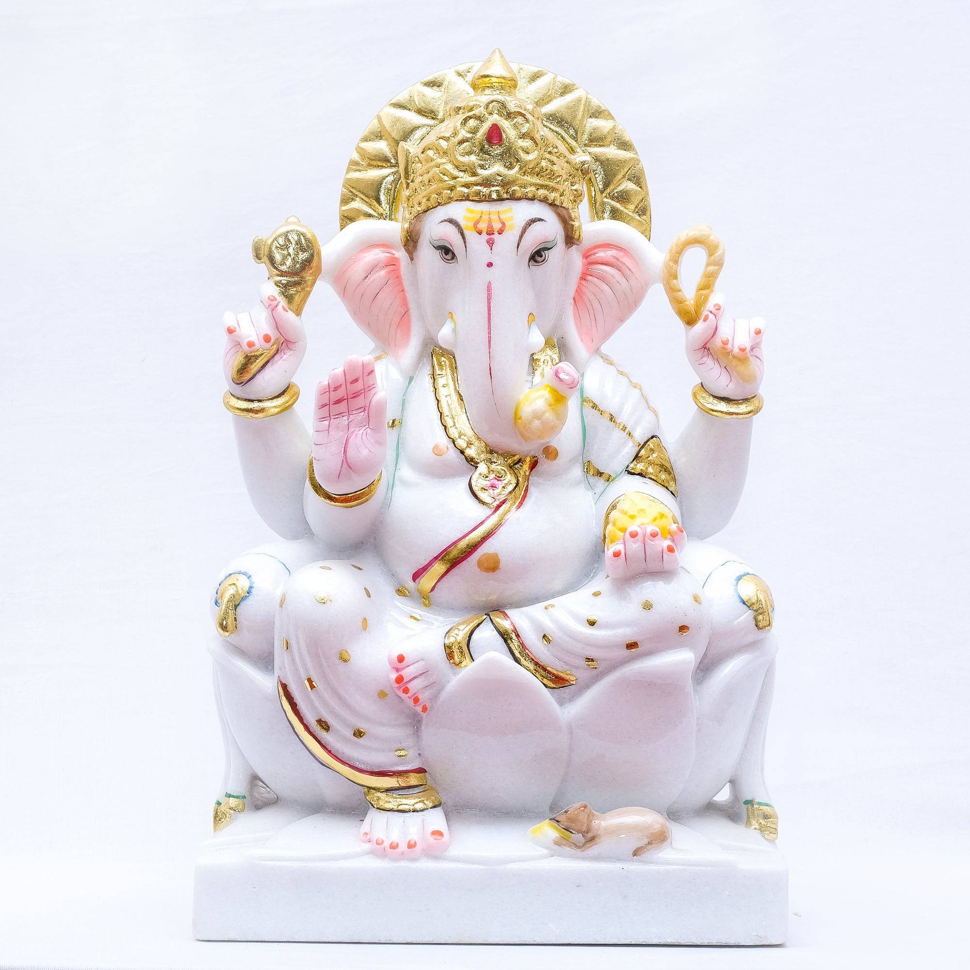 Vietnam White Marble Murti Vighnaharta Ganesh Ji Seated Atop Masand Pillow Statue - 19 x 12 x 6 inches - India shopping