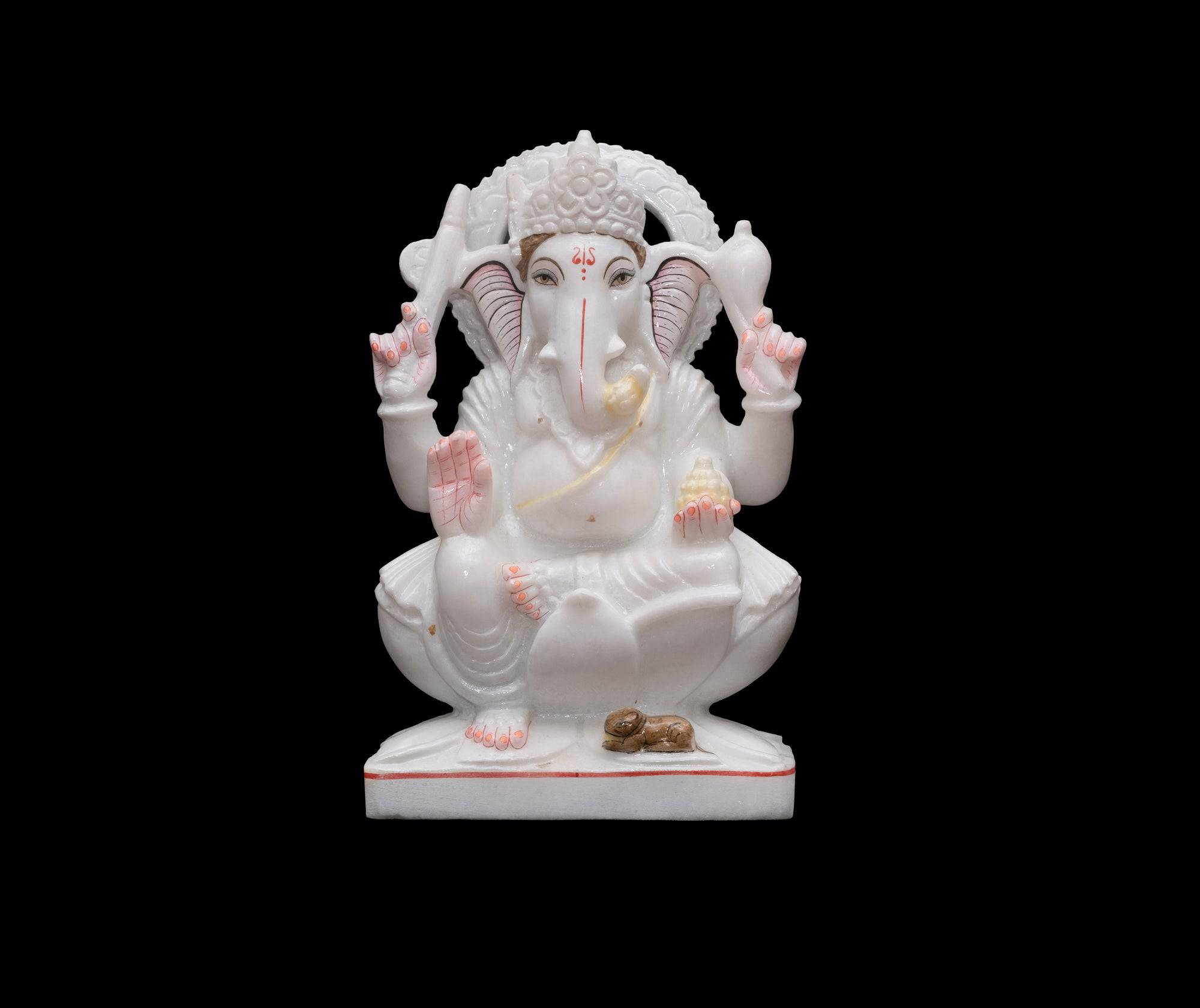 Marble Ghanesh Statue with Ladoo in Left Hand - 12 x 8 x 4 inches - India shopping