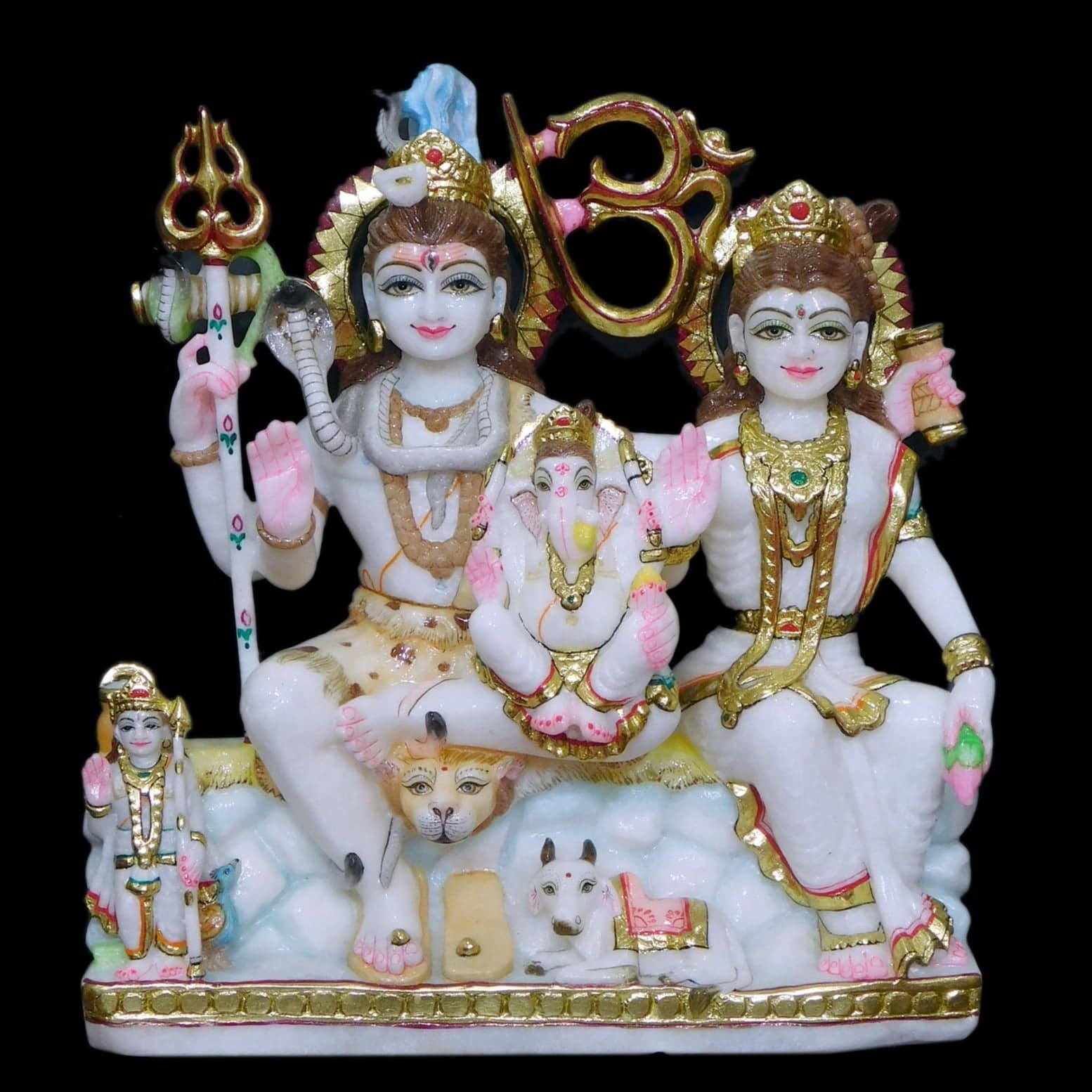 Pure White Marble Gauri Shankar Statue Unfinished With Ganesh Ji And Kartikeya - 16 x 14 x 5 inches - India shopping