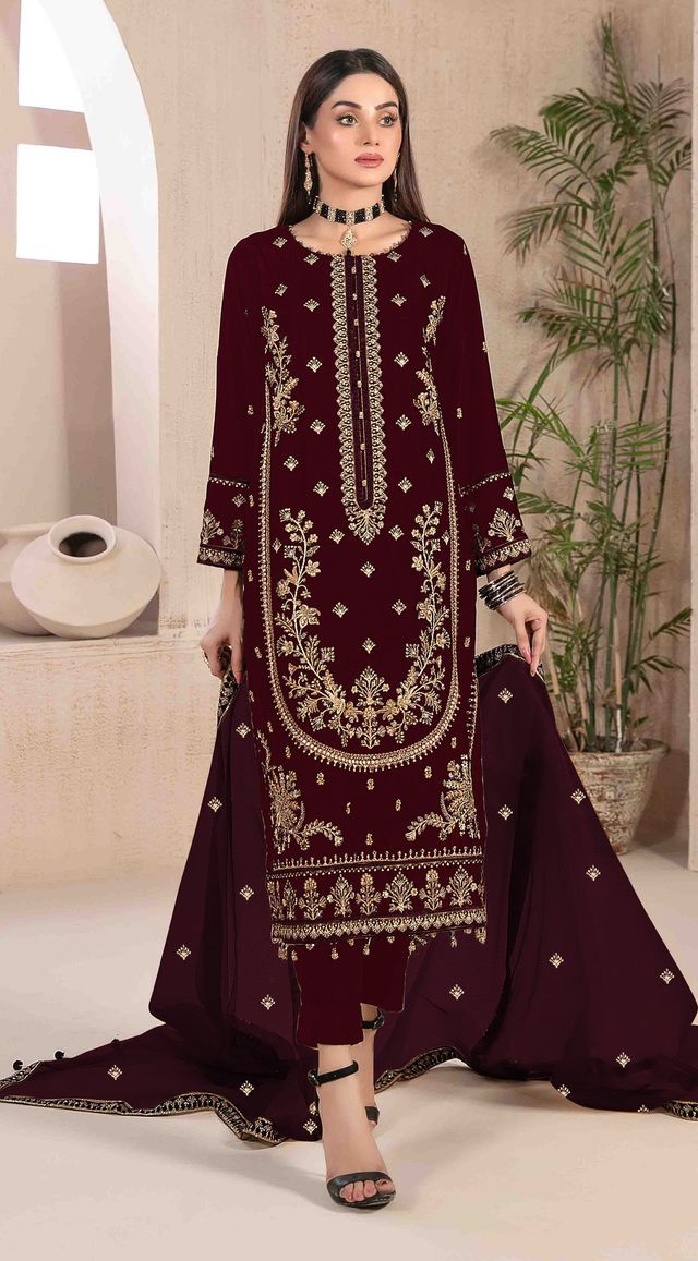 Velvet Suit With Embroidery Work | Ready To Wear