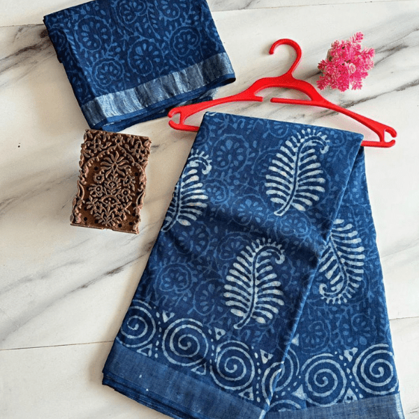 Traditional Bagru Handblock Print Linen Sarees - India shopping